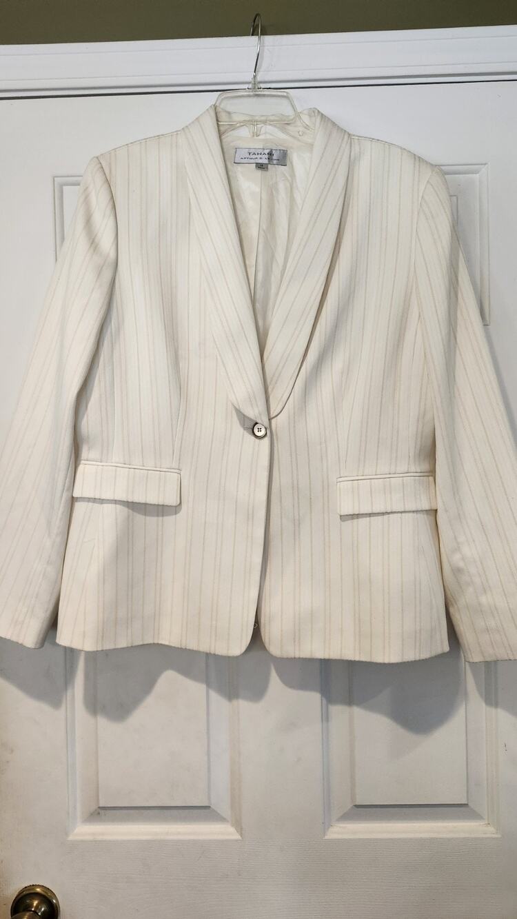 Tahari ASL Womens Pinstripe Blazer Almondine Ivory Button Cuff Jacket 16 #271